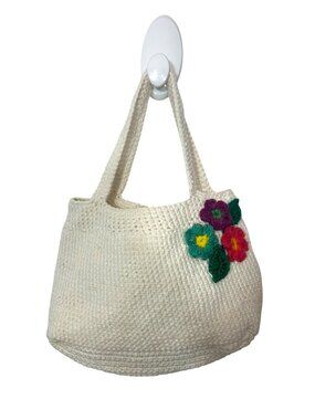 Crocheted Tote Bag Vintage Cream Handmade Floral Appliqués Spring Summer Travel